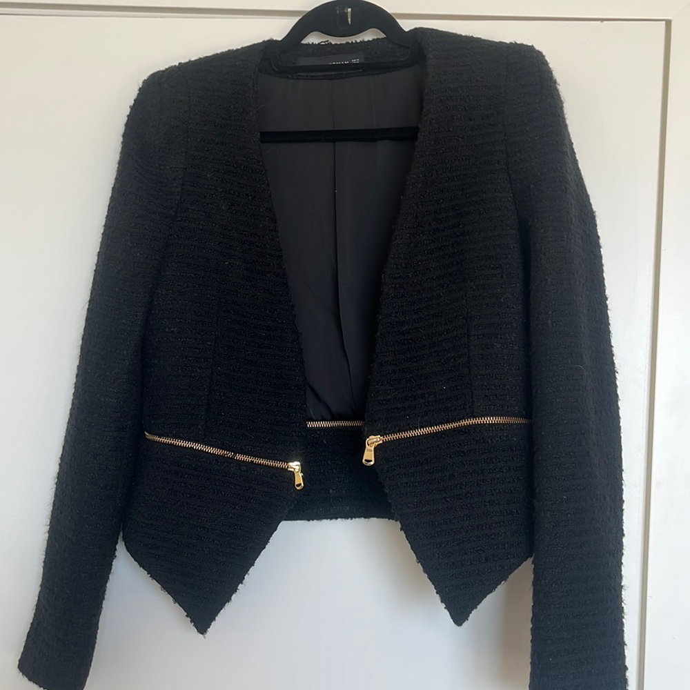 ZARA boucle blazer with gold exposed zipper